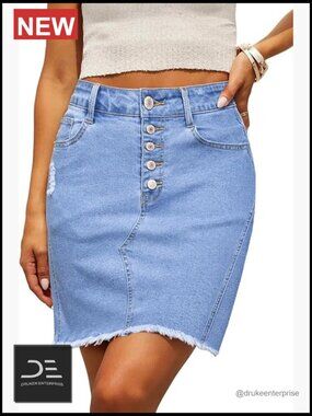 Stretchy Ripped Frayed Button Fly High Waist Jean Skirt Summer Denim